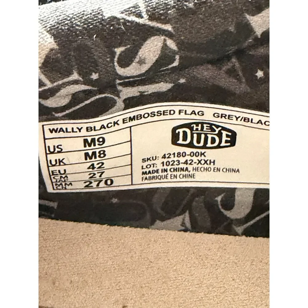 Hey Dude Wally Embossed Flag Shoes Men’s Size 9 Black NWOB Lightweight